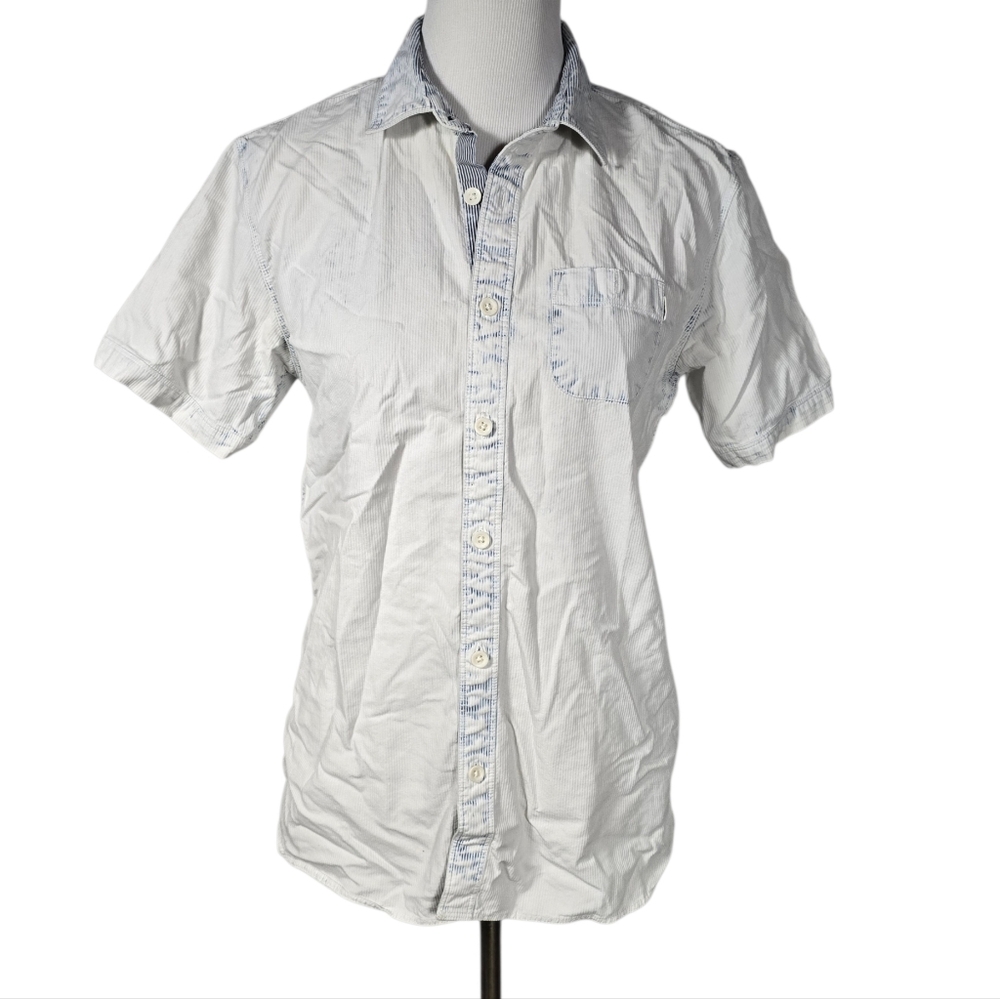 Reef Men's Small White Light Blue Striped Short-Sleeve Button-Down